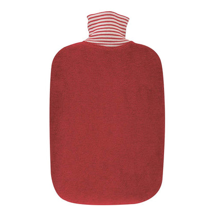 Öko-Wärmflasche mit rotem Biobezug und gestreifter Halsmanschette