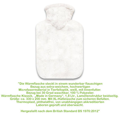 Klassik Wärmflasche mit Flauschbezug, weiß, 1,8 l, Tierfelloptik