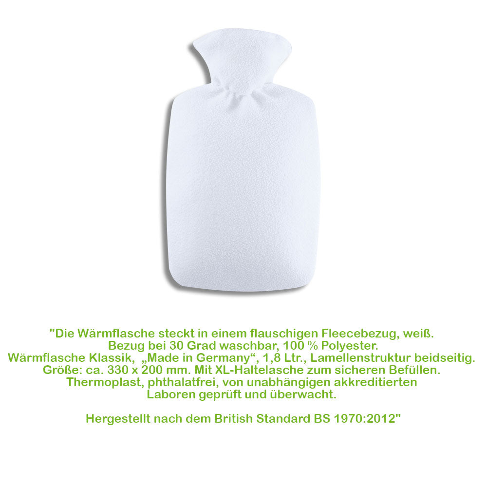 Wärmflasche mit weißem Fleecebezug, gerundete Form, seitliche Ansicht