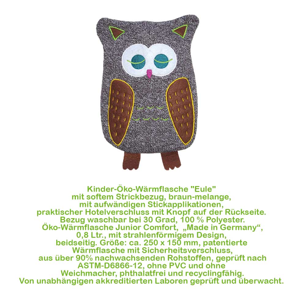 Wärmflasche mit Strickbezug Eule, grau meliert, große Augen und braune Flügel