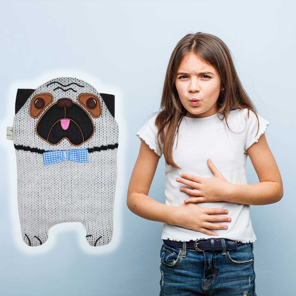 Wärmflasche mit Mops-Strickbezug neben Person, hellgrau, schwarze Streifen, blau kariertes Tuch