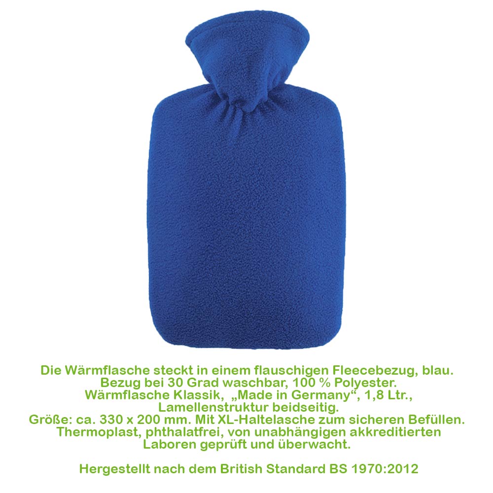 Hugo Frosch Wärmflasche mit blauem Fleecebezug, geraffte Öffnung oben
