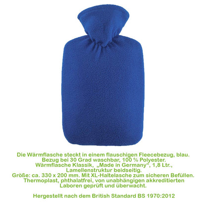 Hugo Frosch Wärmflasche mit blauem Fleecebezug, geraffte Öffnung oben