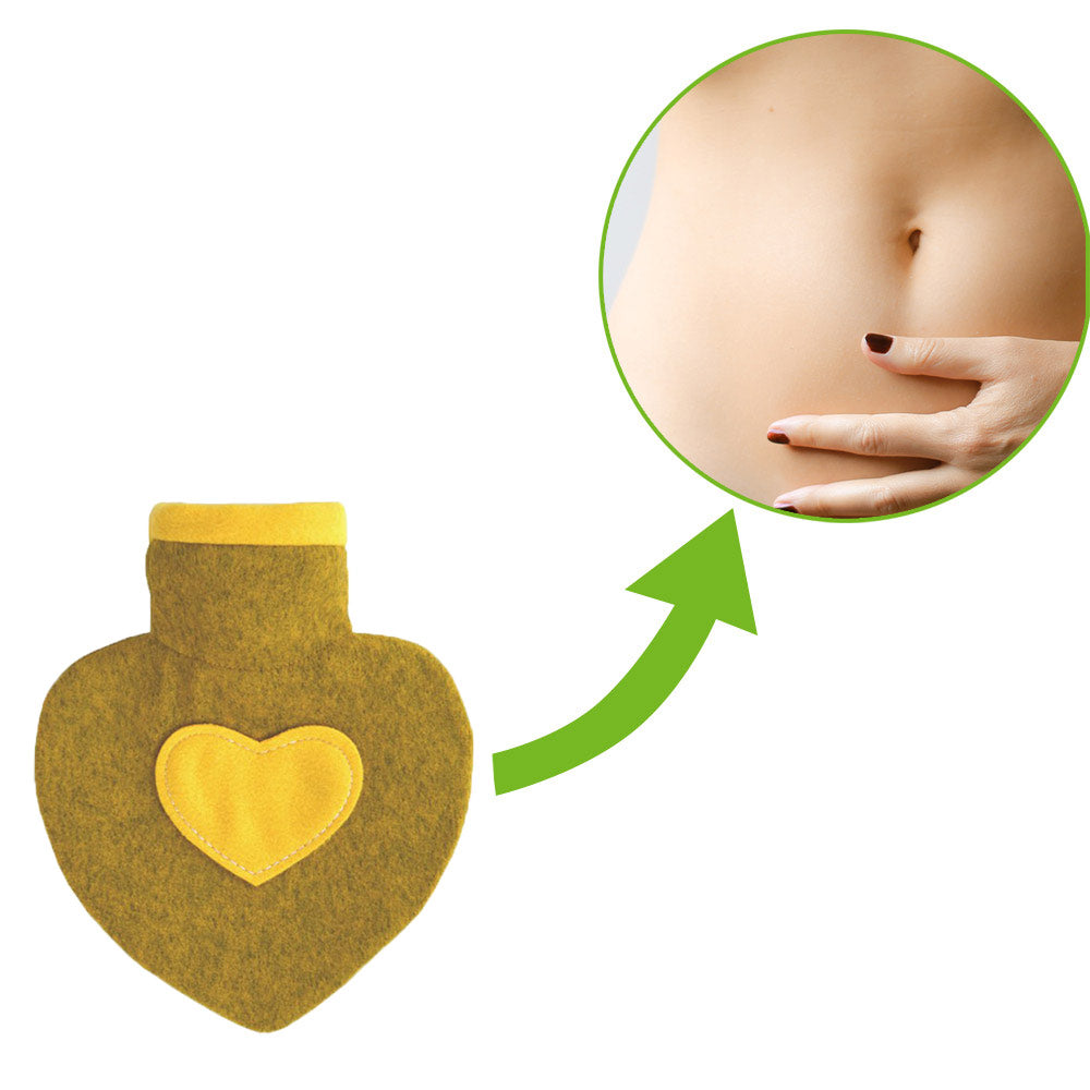 Herzförmige Wärmflasche mit gelbem Strickbezug, Wärme per Handkontakt