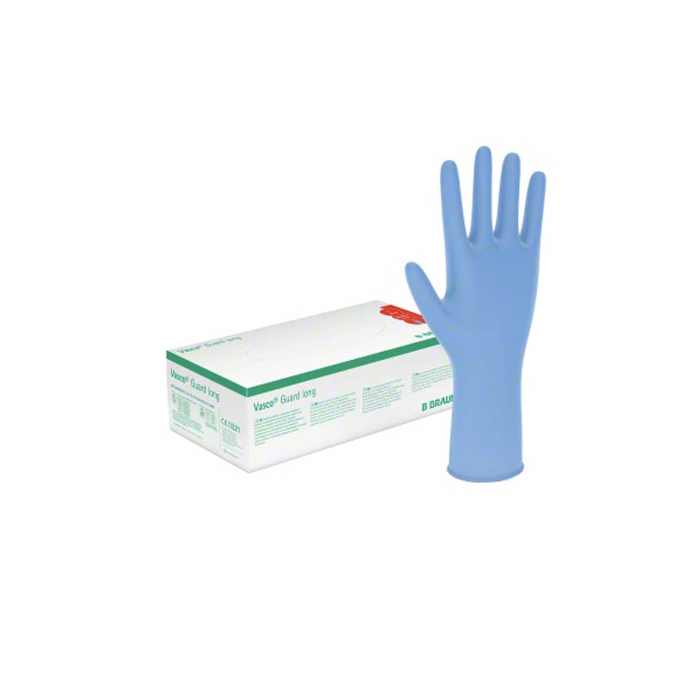 Blauer Langschaft-Nitrilhandschuh Vasco® Guard neben Kartonverpackung, langer Schaft