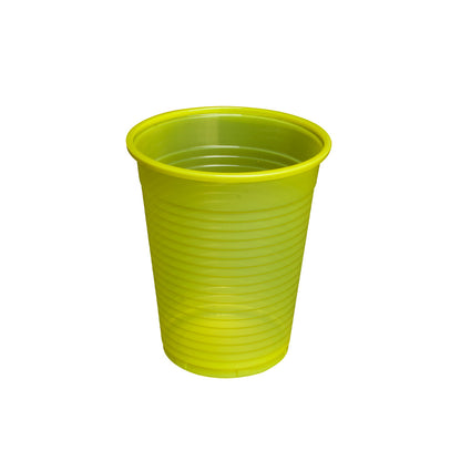 Einwegbecher aus Kunststoff, 180 ml, gelb, gerippt, mit breitem Rand.