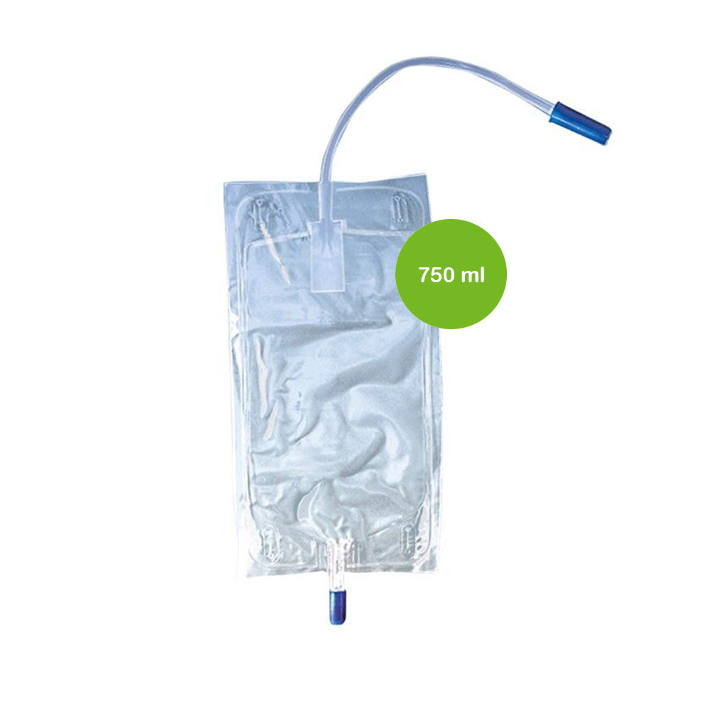 Urinbeinbeutel 750 ml mit transparentem Beutel und blauem Schlauch