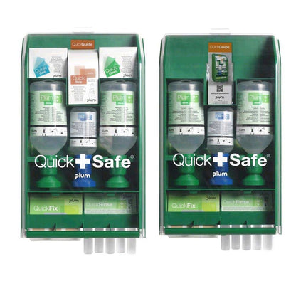 Geöffnete QuickSafe Erste-Hilfe-Box (grün) mit verschiedenen Einsätzen und Packungen