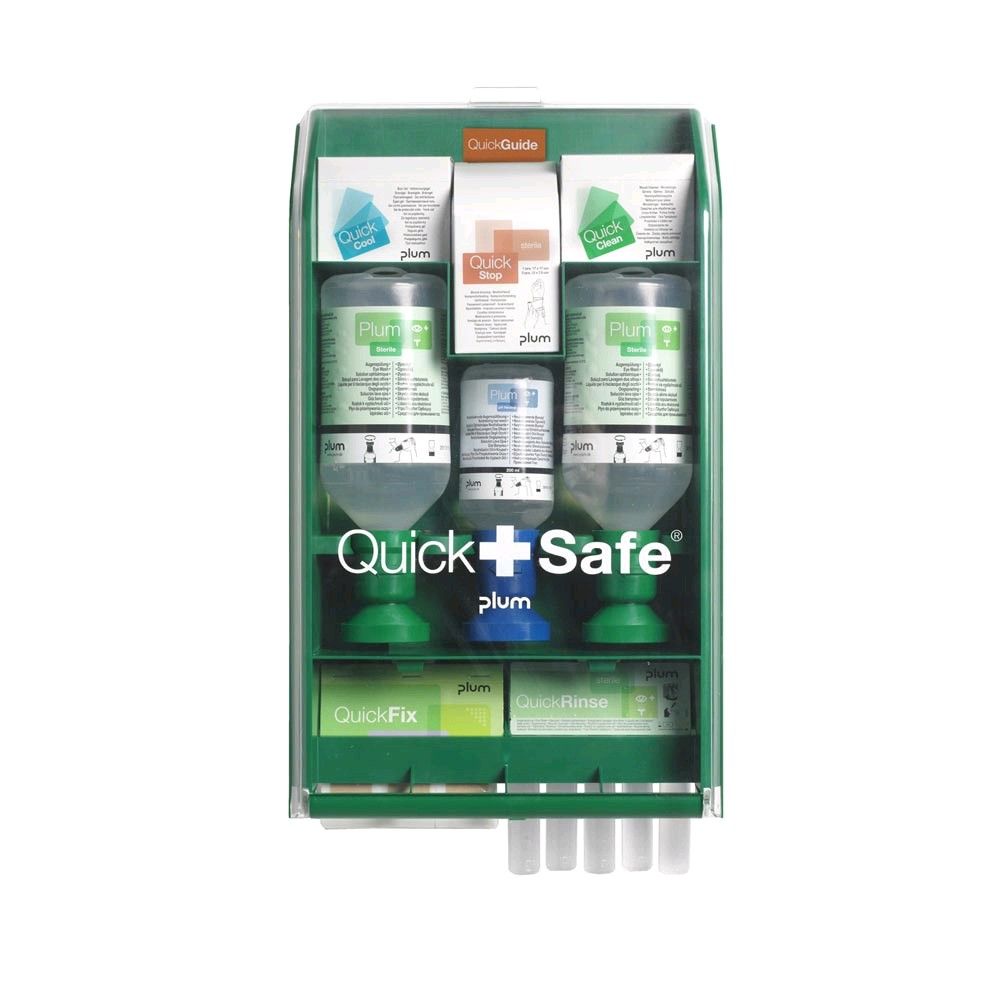 QuickSafe Erste-Hilfe-Box, offen (grün) mit QuickFix/QuickRinse und Anleitungseinsatz