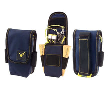 Dunkelblauer Holster mit gelb-grauem Reflexstreifen, mit Tasche und Trageschlaufe