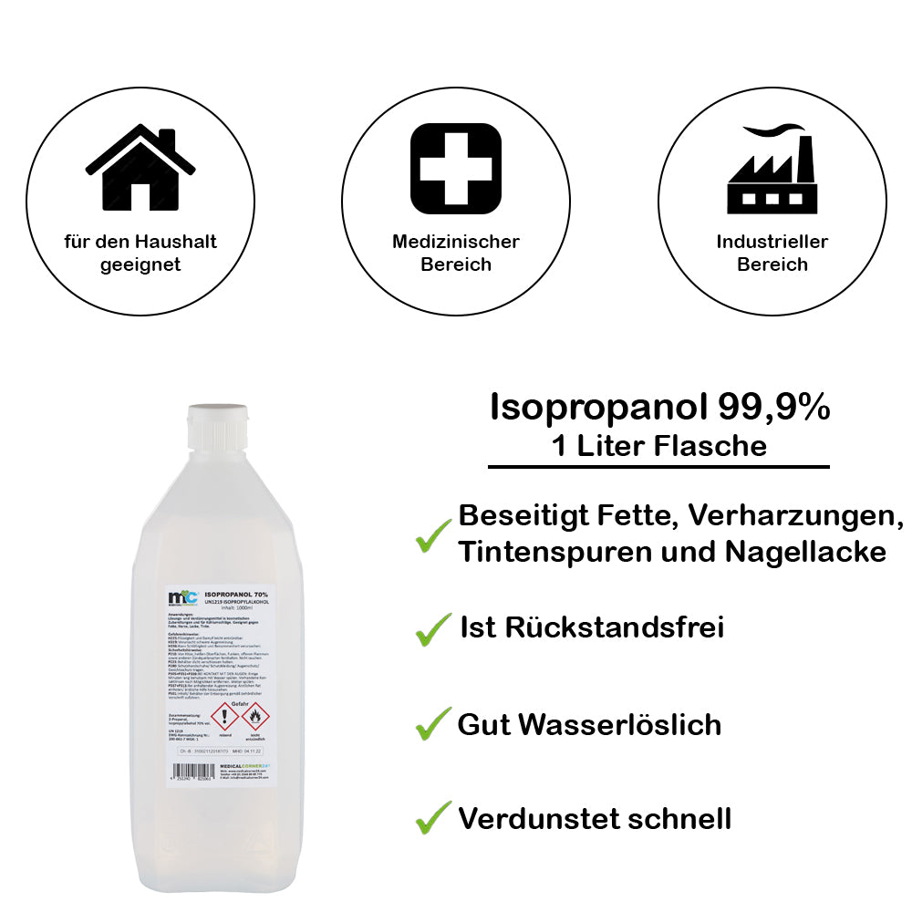 1‑Liter Isopropanol-Flasche aus Kunststoff, Etikett und Sicherheitshinweise sichtbar
