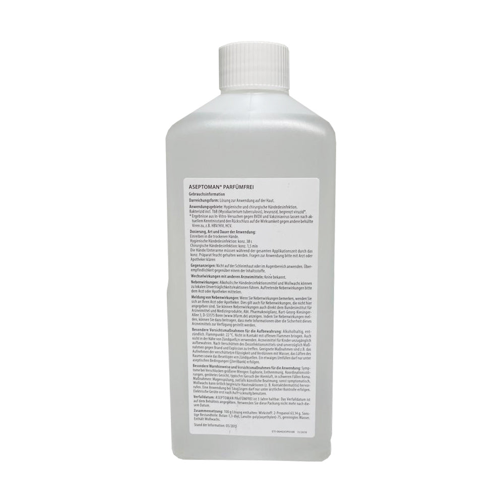 Parfümfreie Händedesinfektion Aseptoman® ohne Duft, Flasche mit Rücketikett