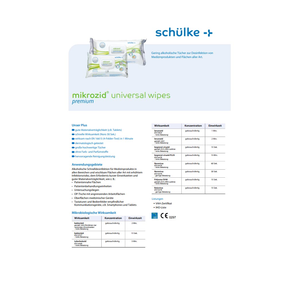 Desinfektionstücher mikrozid® universal wipes Premium, Rückseite Packung mit Tabelle