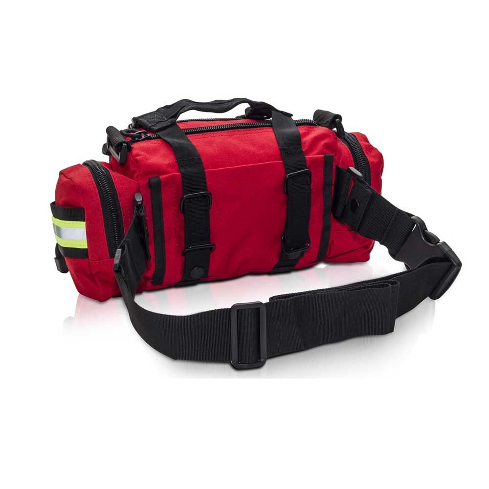 Sanitätertasche HIPSTER in Rot mit schwarzem Schultergurt und mehreren Reißverschlussfächern