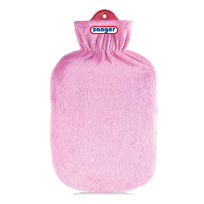Gummi-Wärmflasche mit Flauschbezug in Rosa, gerippter Hals mit Zugband und Öse