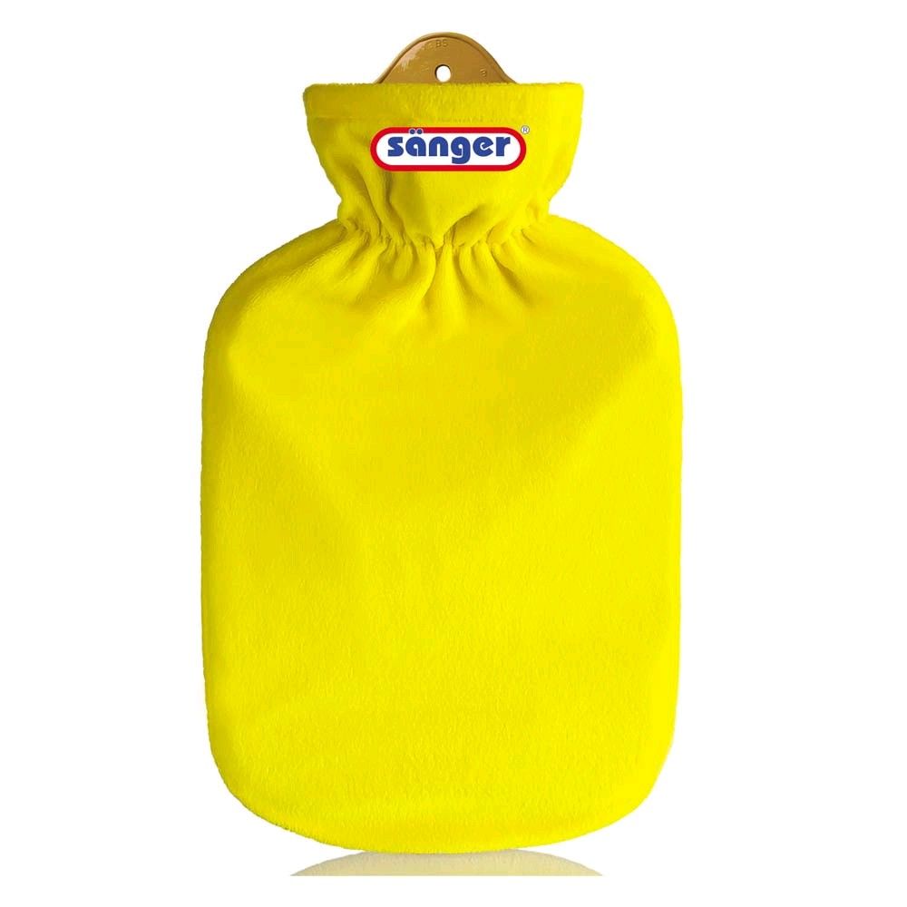 Gummi-Wärmflasche mit Flauschbezug in Gelb, gerüschter Hals mit Zugband und Öse