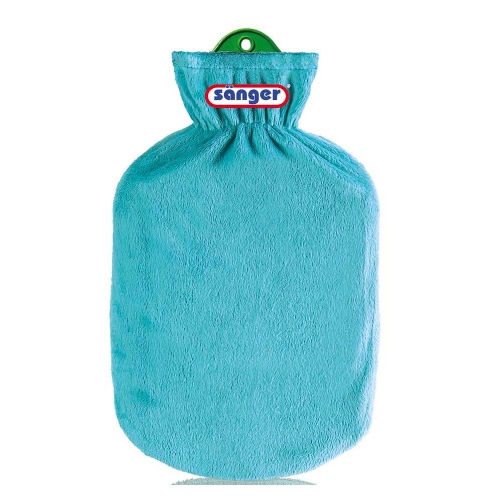 Gummi-Wärmflasche mit Flauschbezug in Petrol, Zugband am Hals und Öse oben