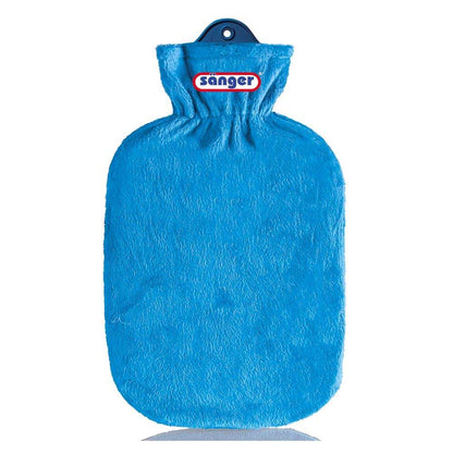 Gummi-Wärmflasche mit Flauschbezug in Blau, Zugband am Hals mit Öse oben