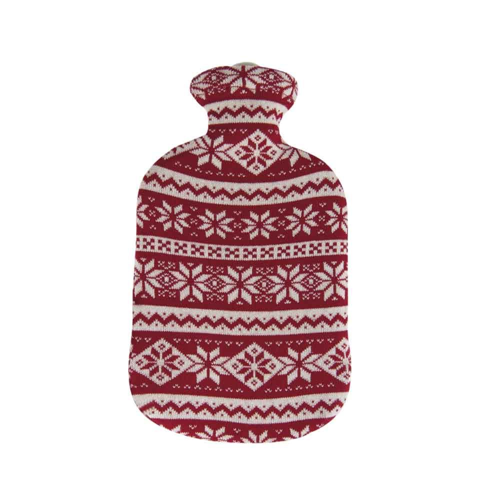 Wärmflasche mit Strickbezug, rot-weißes Norwegermuster, gerippter Hals