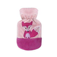 Rosa Kinder-Wärmflasche mit Veloursbezug und Fuchs-Motiv, 0,8 l