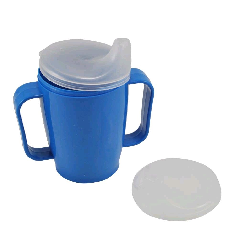 Blauer Schnabelbecher mit Griff, transparenter Deckel und Auslaufaufsatz