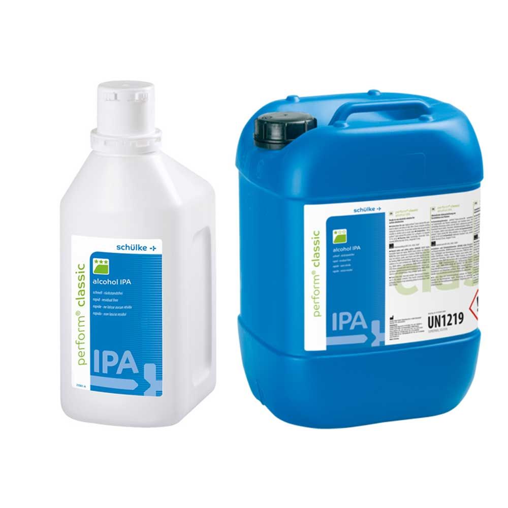 Schülke Desinfektionslösung Perform classic IPA 70%: weiße Flasche und blauer Kanister
