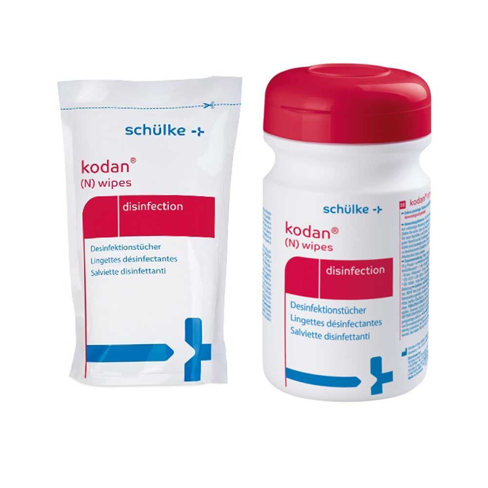 Desinfektionstücher: Nachfüllbeutel und Spenderflasche mit rotem Deckel