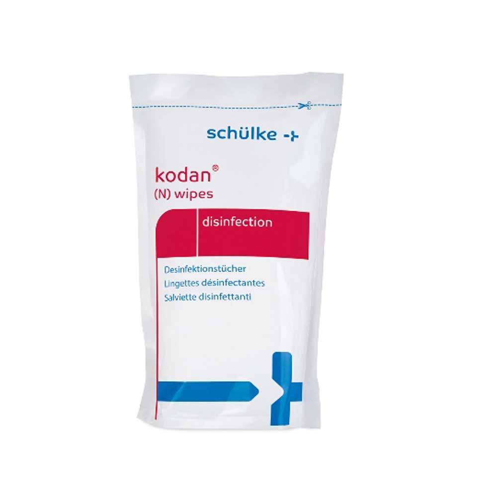 Desinfektionstücher-Nachfüllpackung mit rotem Etikett und blauem Symbol