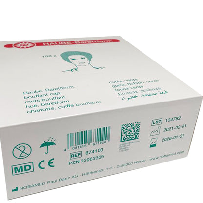 Packung Haube-Barettform, Seitenansicht mit Barcode und Chargendaten