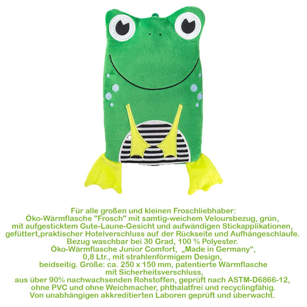 Grüne Frosch-Velourswärmflasche mit gelben Pfoten, gestreiften Muster-Aussparungen