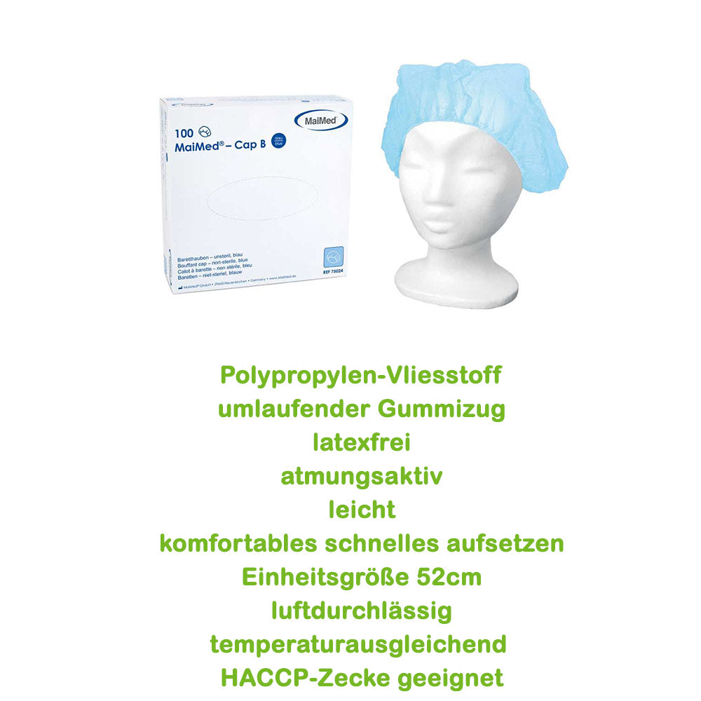MaiMed Cap B Einweg-Baretthauben, lichtblau; Haube auf Mannequin neben Packung