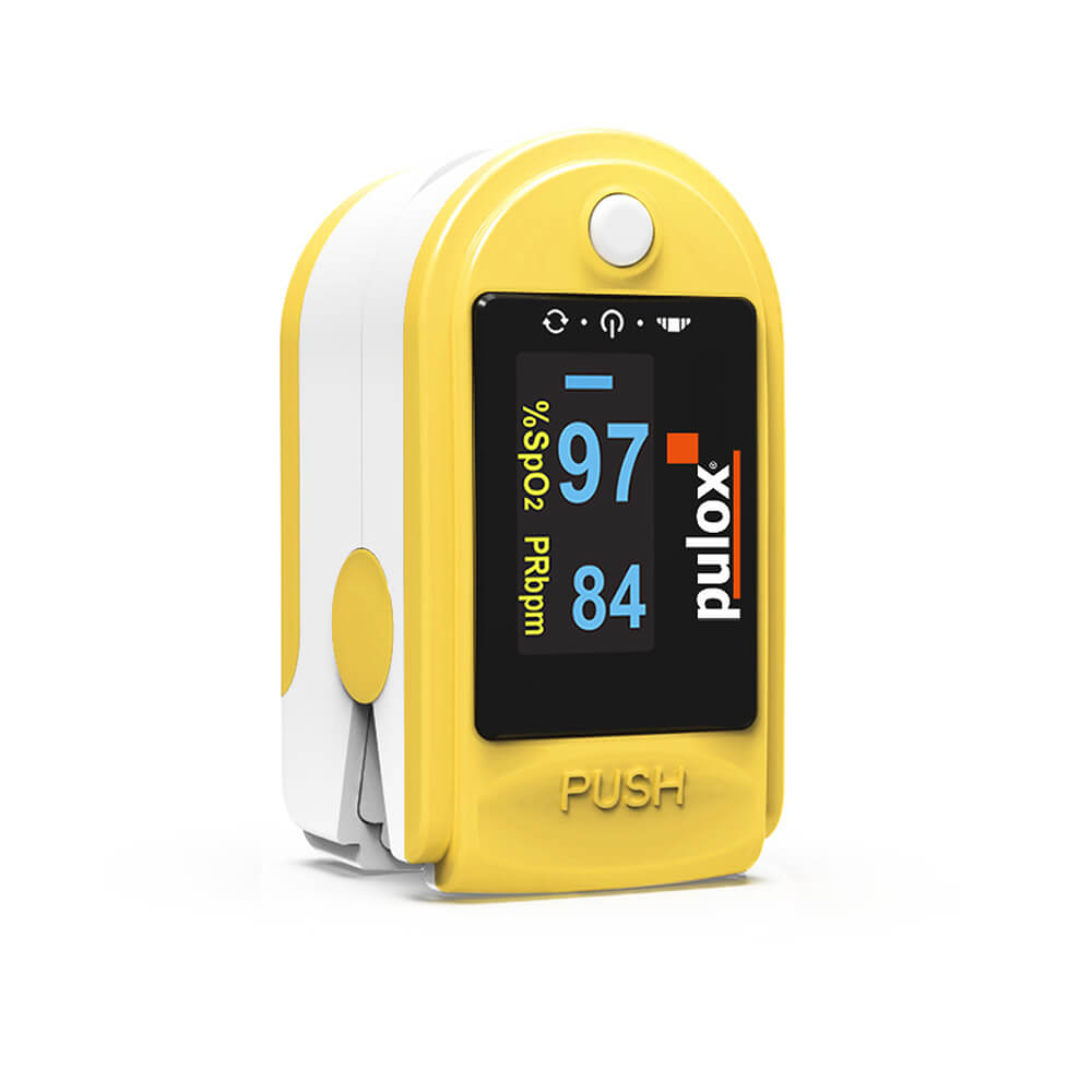 Gelber Finger-Pulsoximeter mit OLED-Anzeige: 97 SpO₂, 84 Puls.