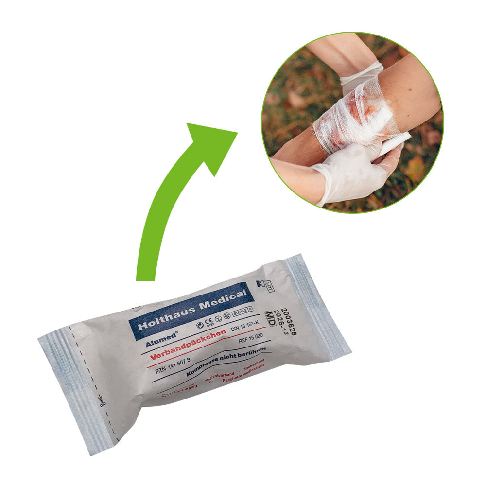 Steriles Holthaus Medical Alumed® Verbandpäckchen mit Kompresse, mit Anwendungsvorschau