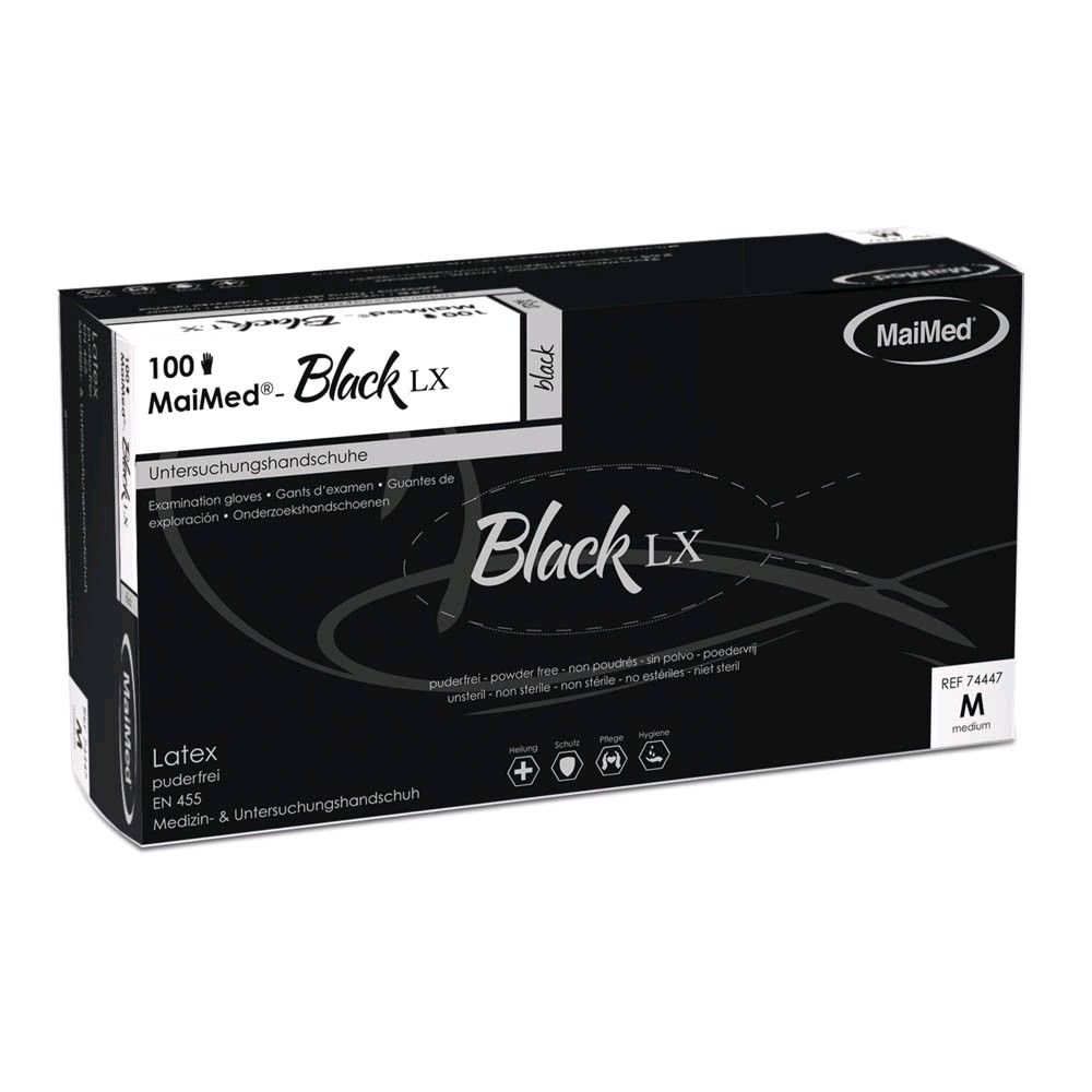 MaiMed Black LX Latex-Untersuchungshandschuhe, schwarz, puderfrei, Box mit 100 Stück