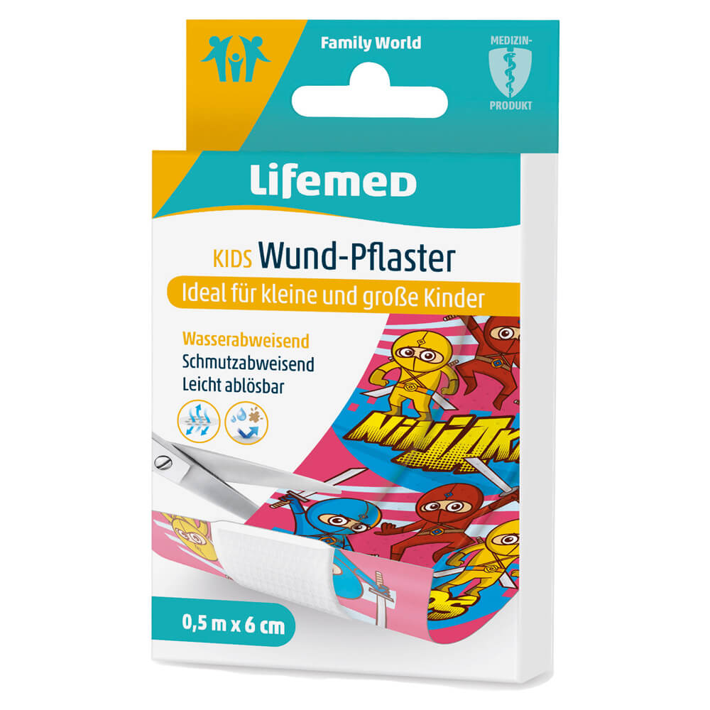 Kinder-Wundpflaster 0,5 m x 6 cm, Ninja-Muster, verpackt