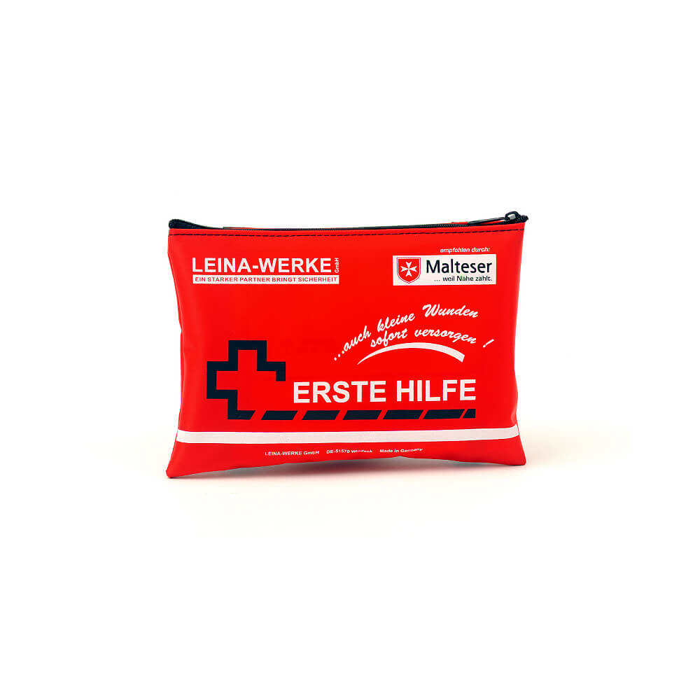 Rotes mobiles Erste-Hilfe-Set mit Reißverschluss, Malteser-Logo und rotem Kreuz