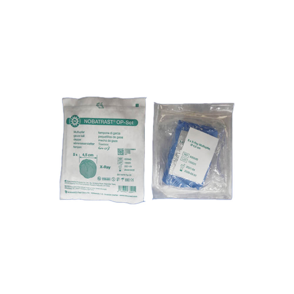Steriles OP-Set mit 5 Mulltupfern, je nach Durchmesser, in Verpackung