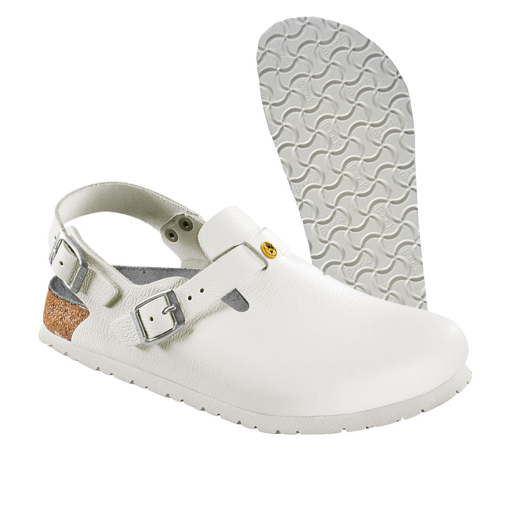 Weißer Birkenstock Tokio ESD Clog mit Profilsohle und Fersenriemen