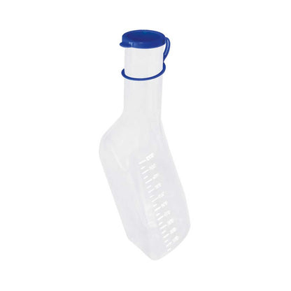 Transparente Flasche mit blauem Deckel, Messskala am Flaschenkörper