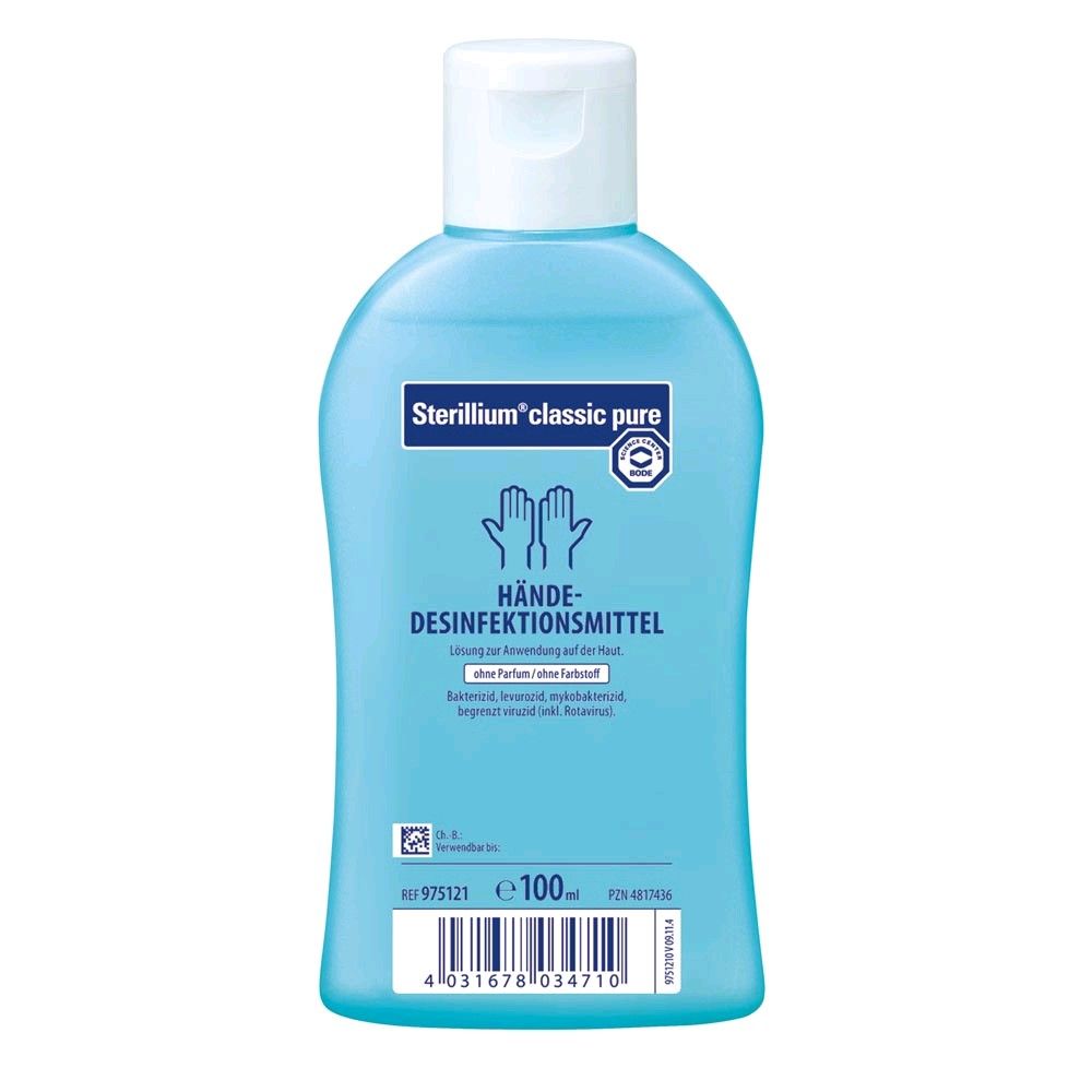Blaues Händedesinfektionsmittel, Flasche mit weißem Deckel, Vorderseite, 100 ml.