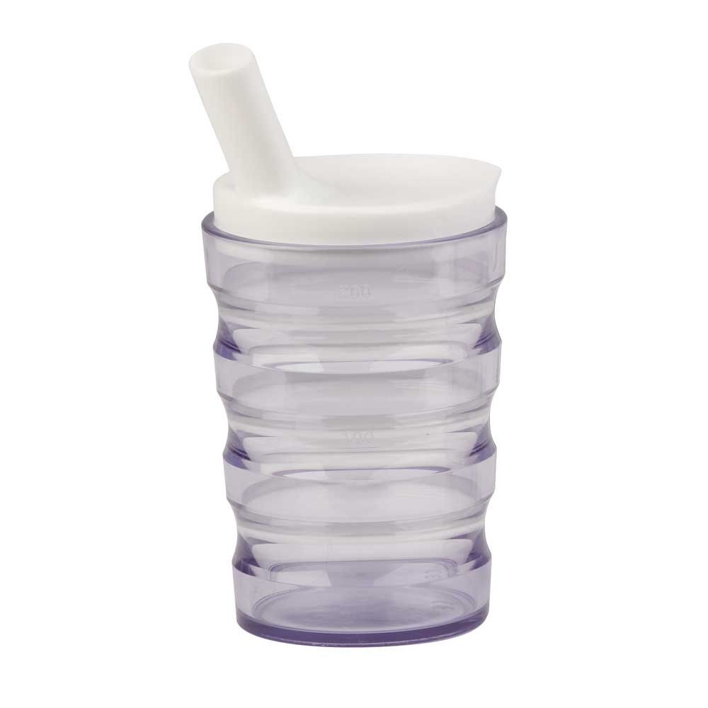 Trinkbecher mit Trinkhalm, gerippt, auslaufsicher, bruchsicher, grau-violett