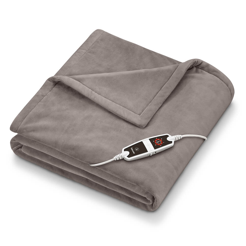 Beurer beheizbare Kuscheldecke, taupe, gefaltet, Bedieneinheit am Kabel
