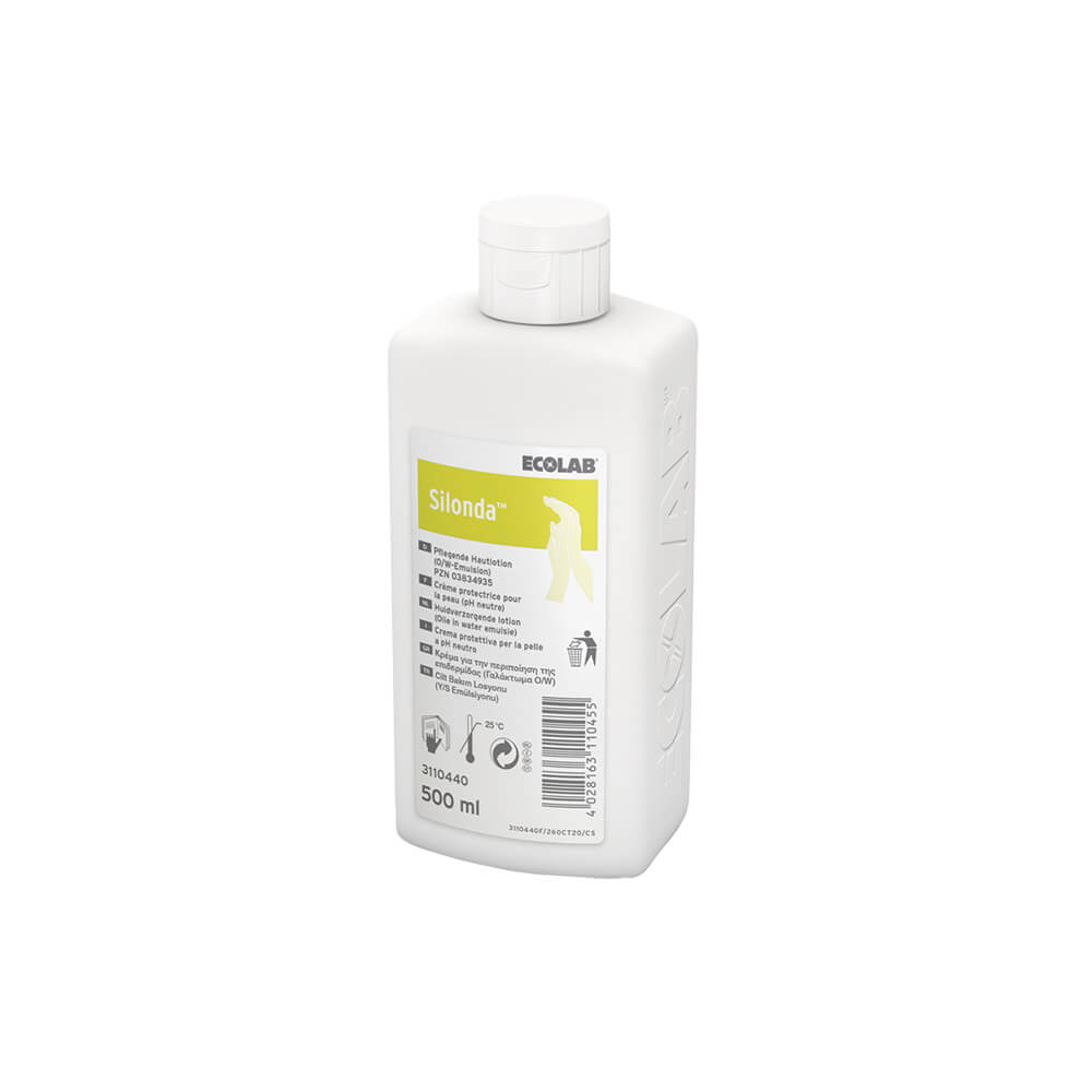 Hautpflege-Lotion-Flasche von hinten mit Etikett und 500-ml-Angabe
