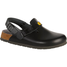 Schwarzer Clog mit zwei Riemen und Schnalle, geschlossene Zehen, Profilsohle mit Korkeinsatz