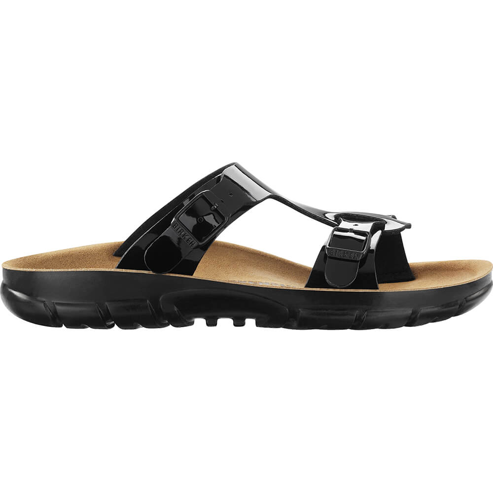 Schmale Birkenstock-Sandale mit schwarzem Birko-Flor-Riemen, zwei Schnallen und Profilsohle