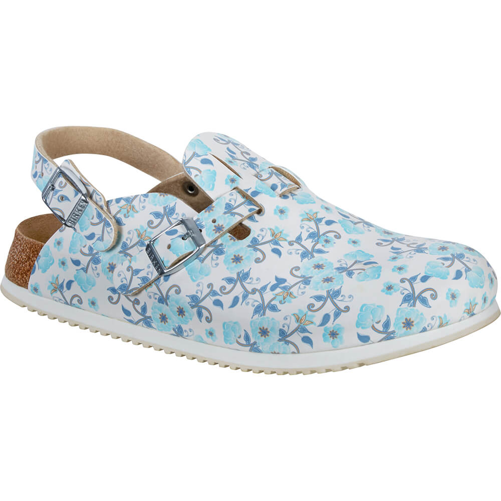 Birkenstock Clog Hellblau mit Blumenprint, zwei Metall-Schnallen vorn