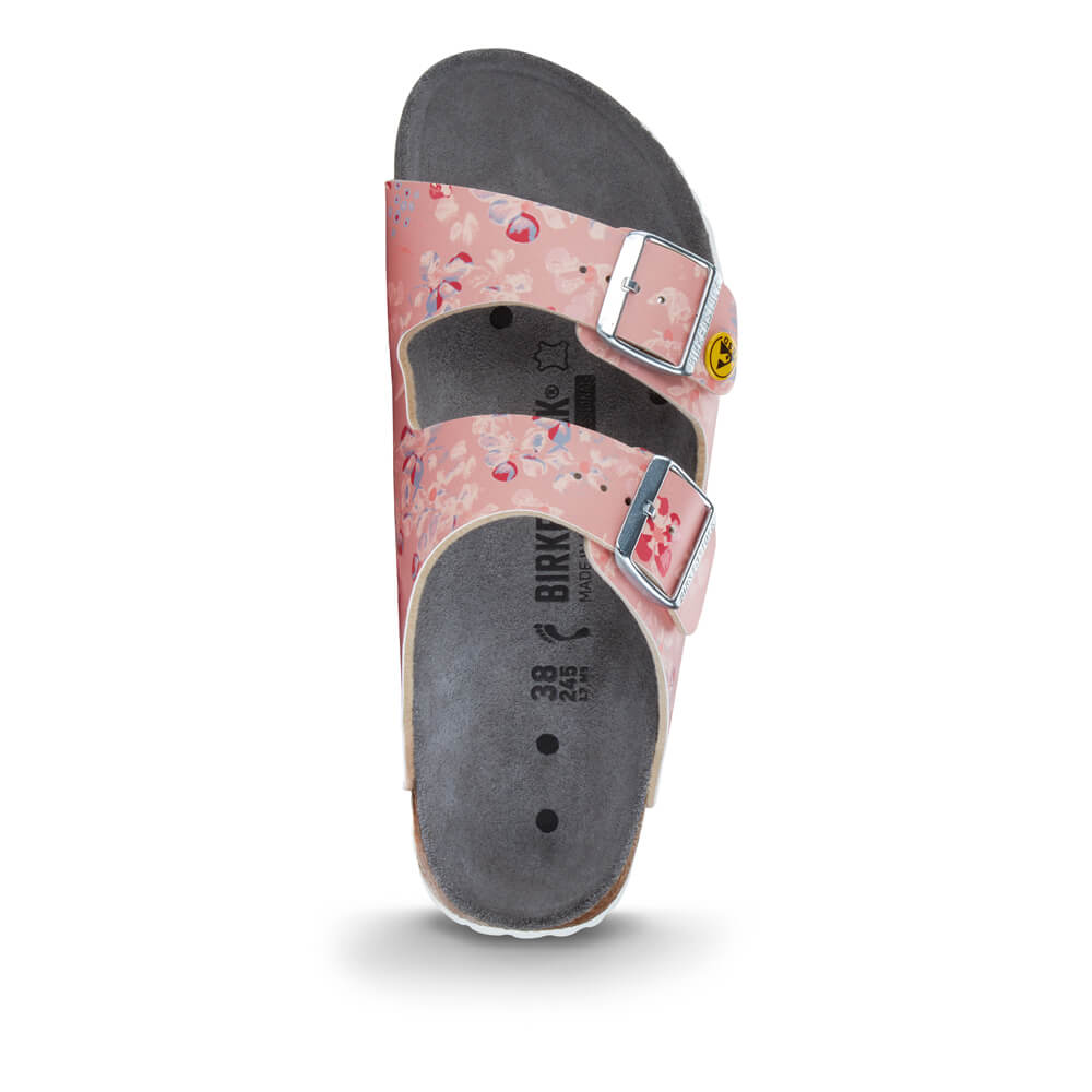 Birkenstock Arizona ESD Pantolette Ansicht von vorn, zwei verstellbare Schnallen, Blumenmuster