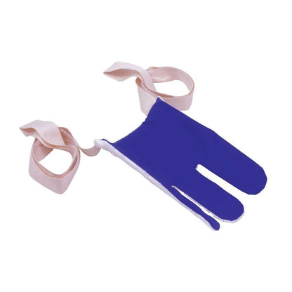 Strumpfanziehhilfe mit blauer Anziehfläche und beigen Stoffschlaufen für die Hand