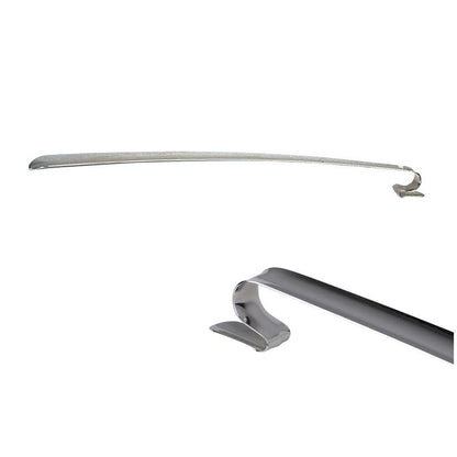 Schuhanzieher mit gebogener Metallspitze und breitem Griff, grau, Öse seitlich
