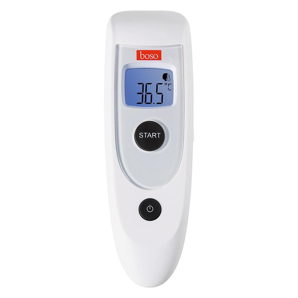 boso kontaktloses Infrarot-Thermometer, Frontansicht mit blauem Display und Startknopf